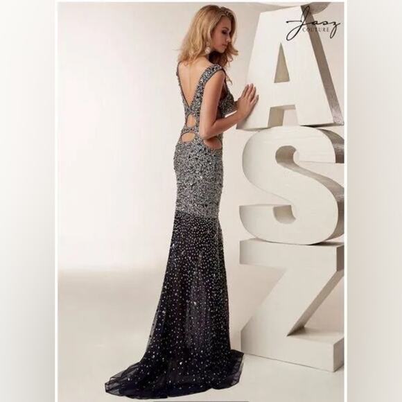 Jasz Couture 6215 navy blue ombre fully beaded cutout prom dress NEW 2 - Picture 4 of 8